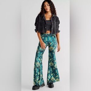 Free People Hold Me Closer Flare Bell Bottom Pants Blue Velvet Emerald